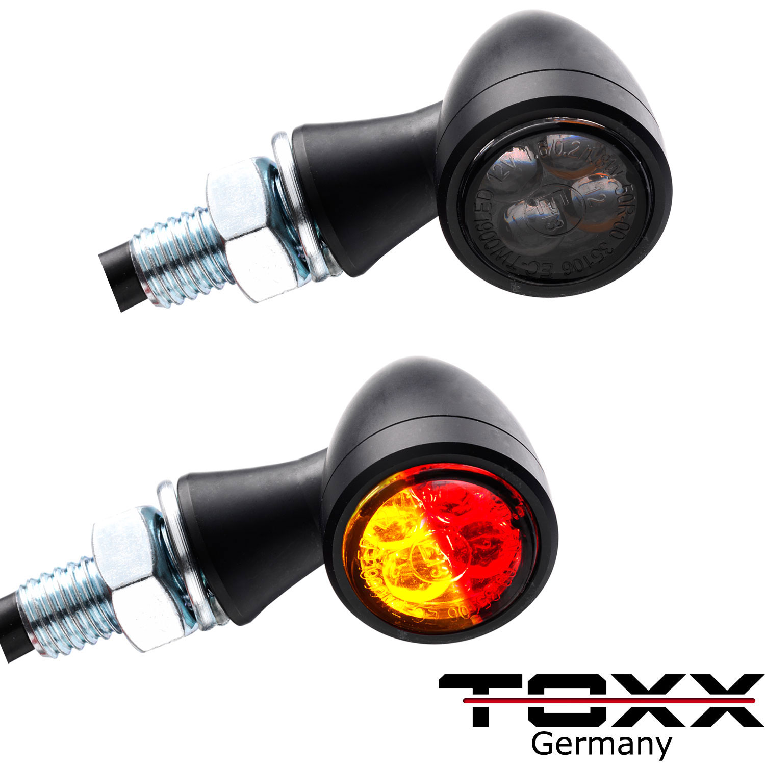 ToXx Motorrad LED Lenkerenden Blinker Schwarz Harley Chopper Custom  CafeRacer, Blinker LED / Halogen, Blinker